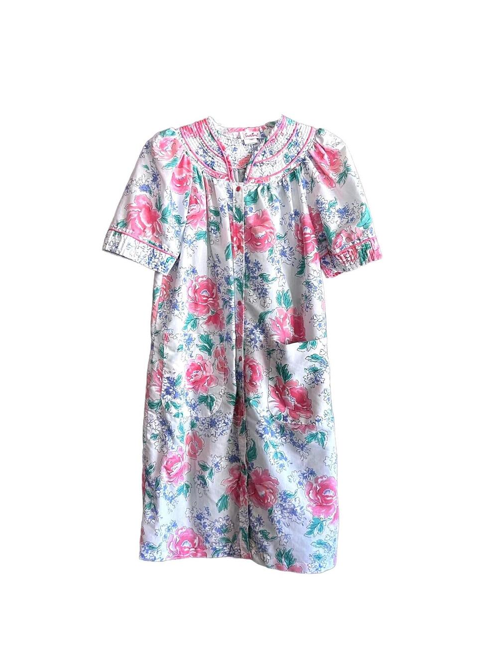 Smart Time Vintage 1960s Pink Floral Housecoat Dress Size M Retro Cottage